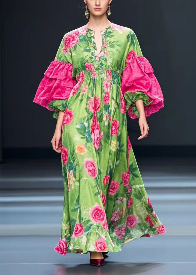 Fine Green Puff Sleeve Floral Silk Velvet Maxi Dresses Fall