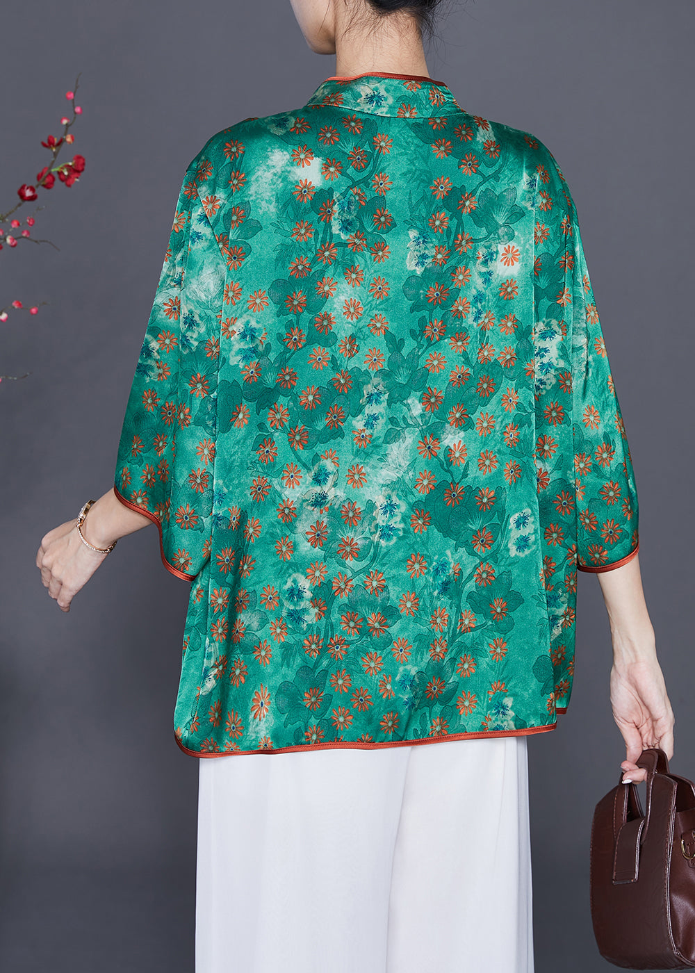 Fine Green Stand Collar Print Silk Shirts Summer