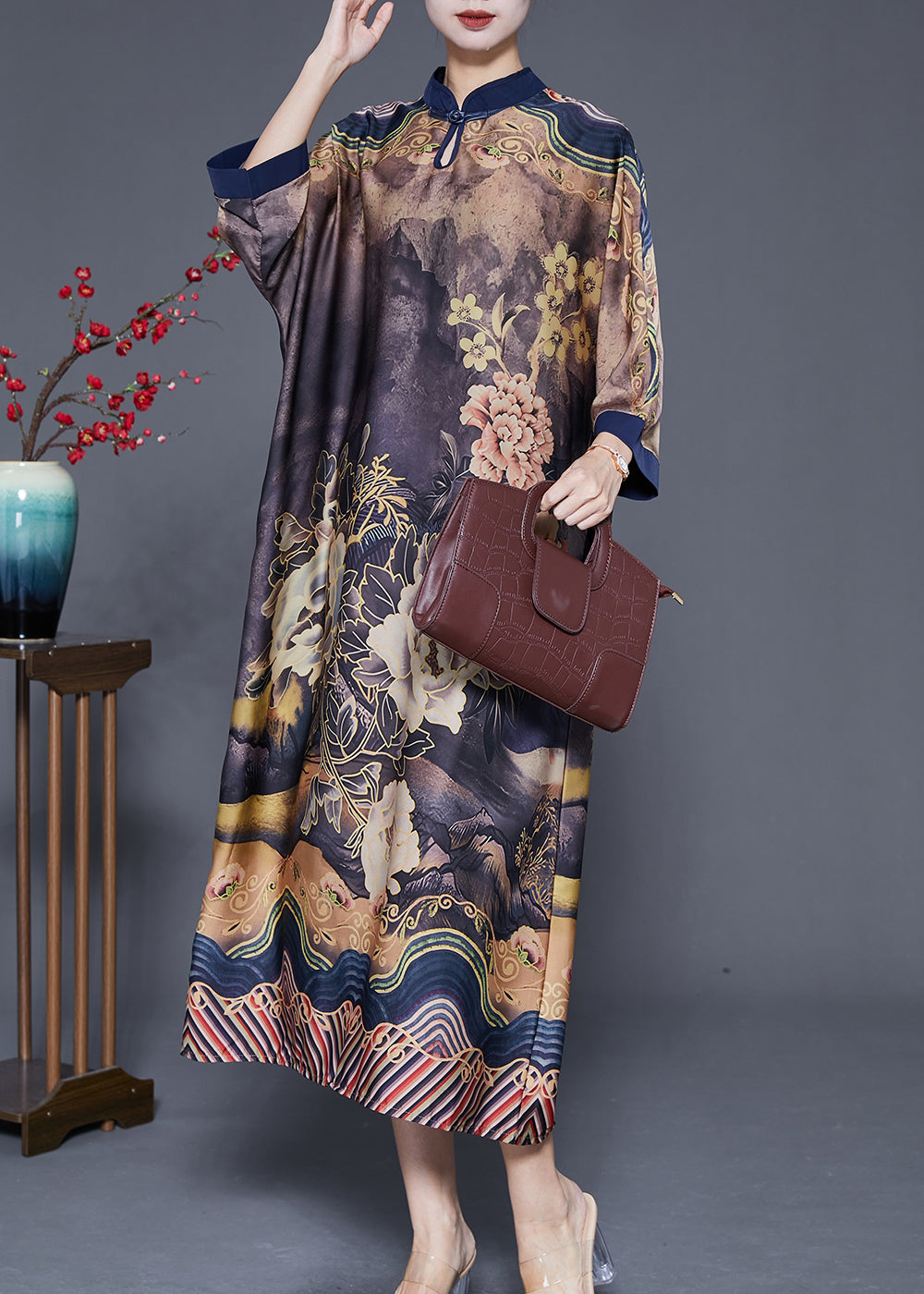 Fine Mandarin Collar Print Silk Maxi Dresses Bracelet Sleeve