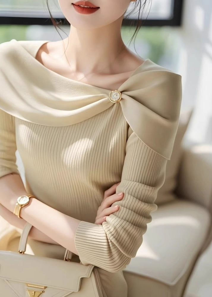 Fine Oatmeal Asymmetrical Patchwork Knit Top Fall