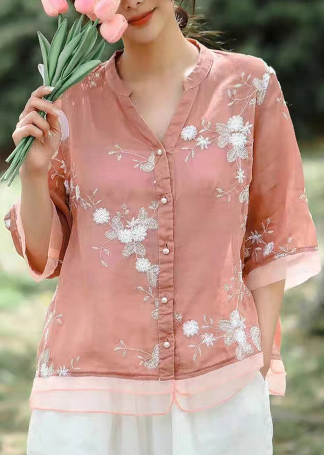 Fine Pink V Neck Embroidered Patchwork Linen Shirt Summer