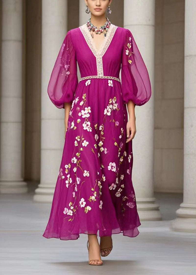 Fine Purple Print Exra Large Hem Chiffon Dresses Lantern Sleeve