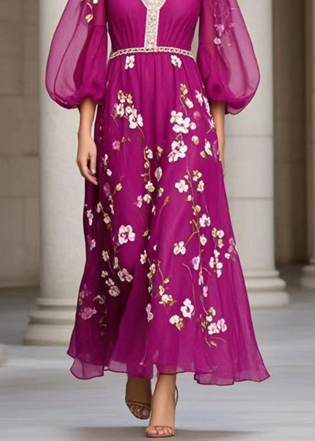 Fine Purple Print Exra Large Hem Chiffon Dresses Lantern Sleeve