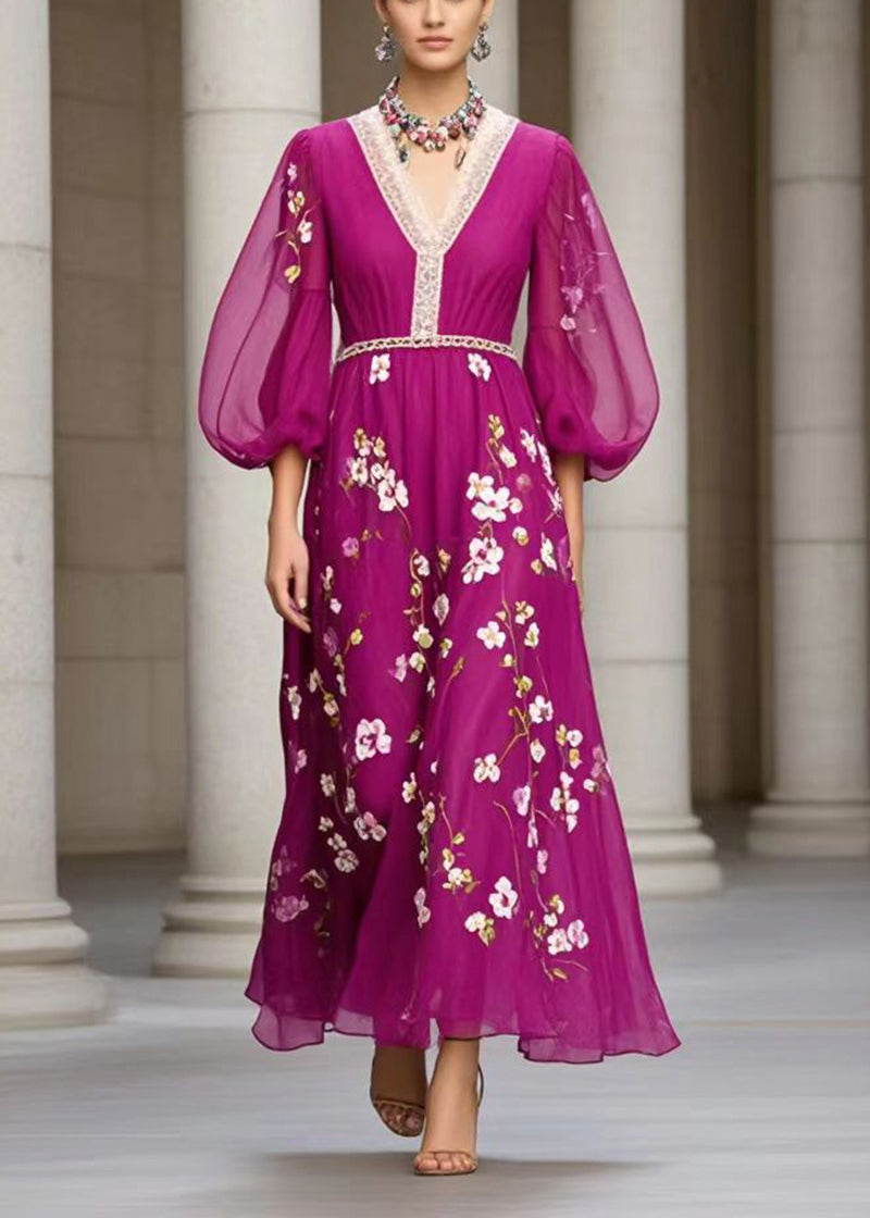 Fine Purple Print Exra Large Hem Chiffon Dresses Lantern Sleeve