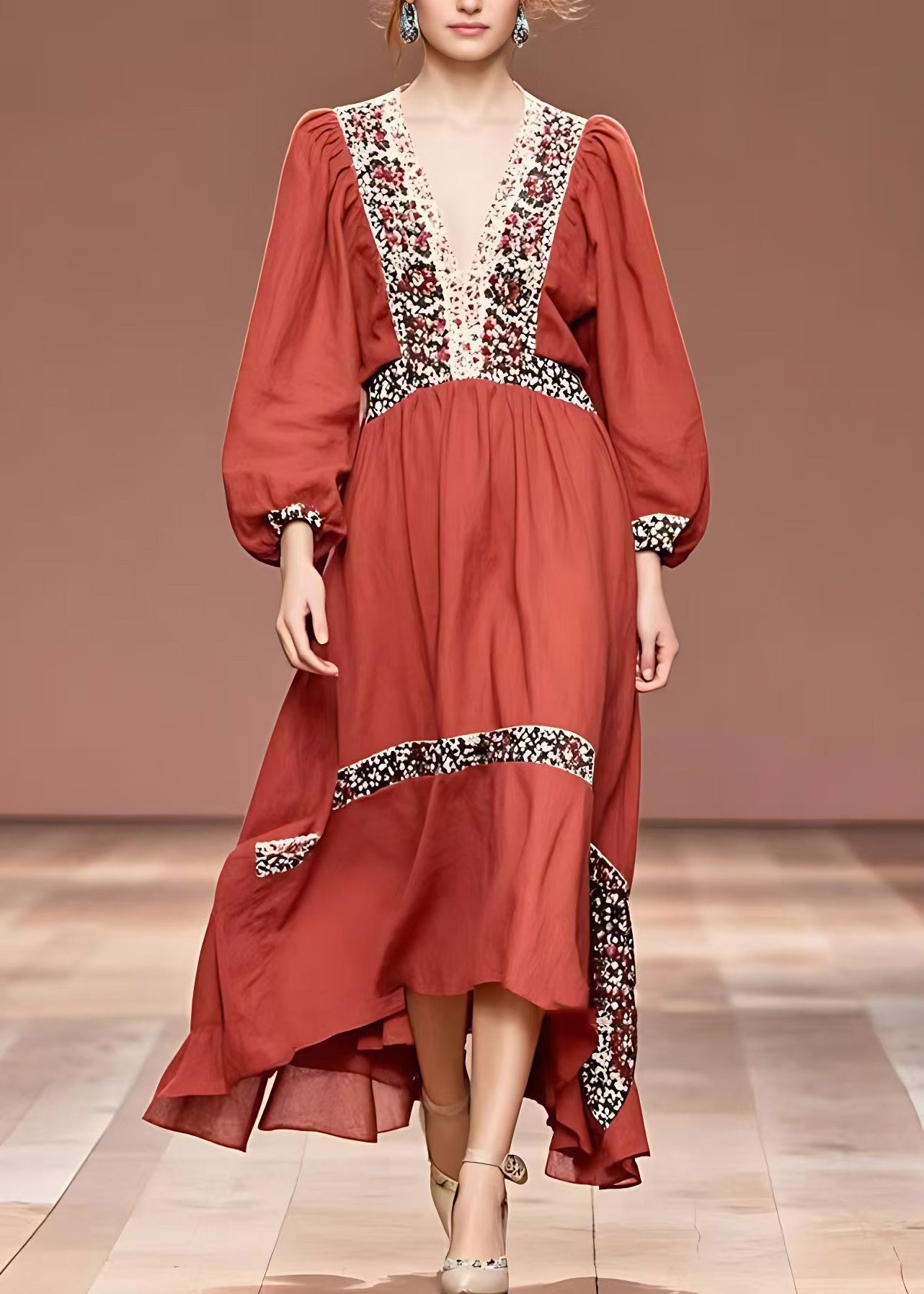 Fine Red Print Wrinkled Maxi Dress Fall