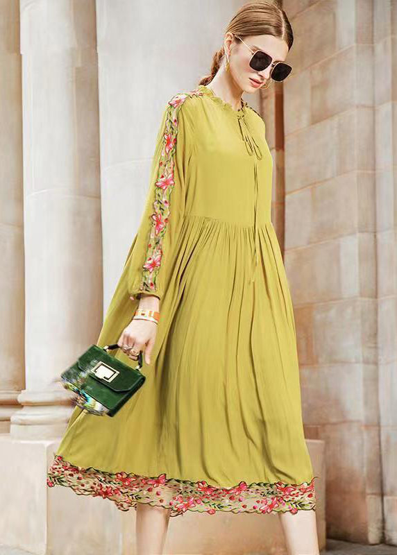 Fine Yellow Ruffled Embroidered Wrinkled Patchwork Chiffon Dress Fall