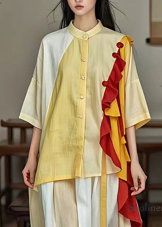 Fine Yellow Stand Collar Ruffled Patchwork Shirts Summer