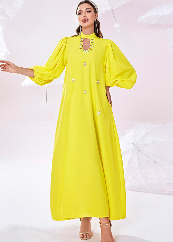 Fine Yellow Stand Collar Zircon Holiday Chiffon Maxi Dress Lantern Sleeve