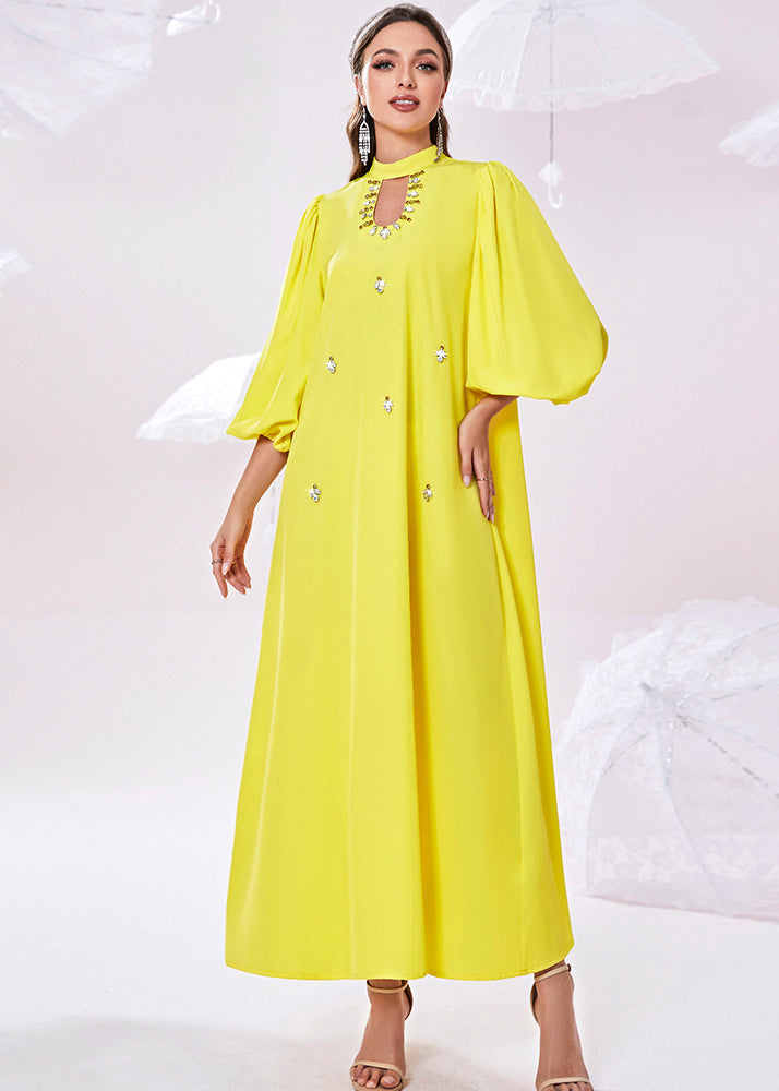 Fine Yellow Stand Collar Zircon Holiday Chiffon Maxi Dress Lantern Sleeve