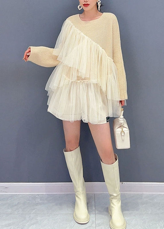 Fitted Beige O-Neck Asymmetrical Tulle Patchwork Knit Tops Fall