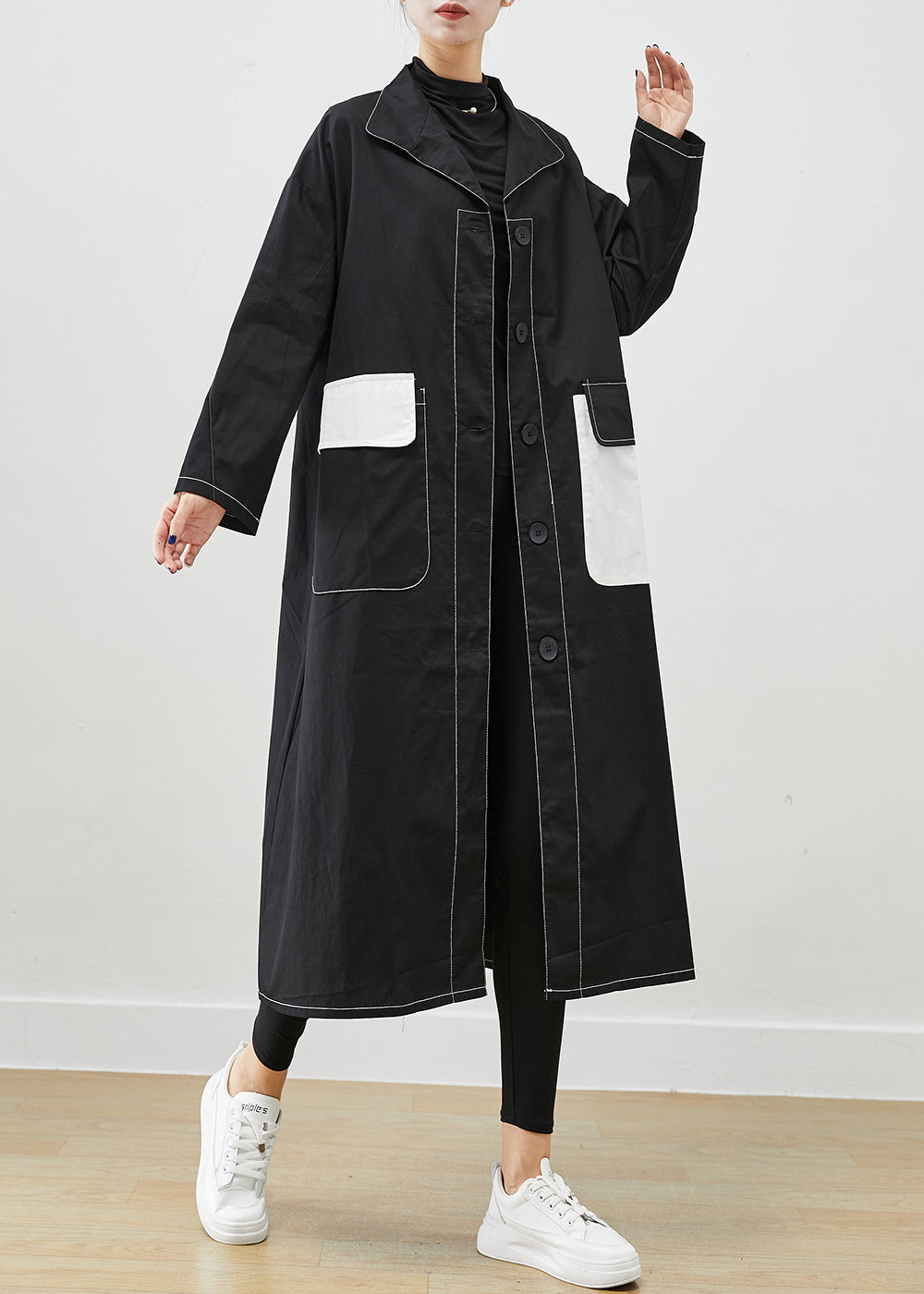 Fitted Black Asymmetrical Oversized Cotton Coats Fall