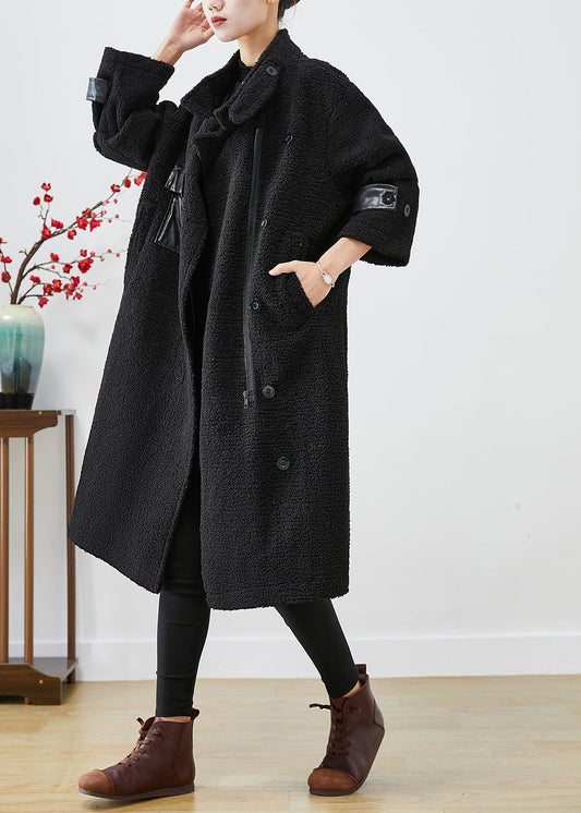 Fitted Black Oversized Patchwork Pockets Cashmere Trench Winter