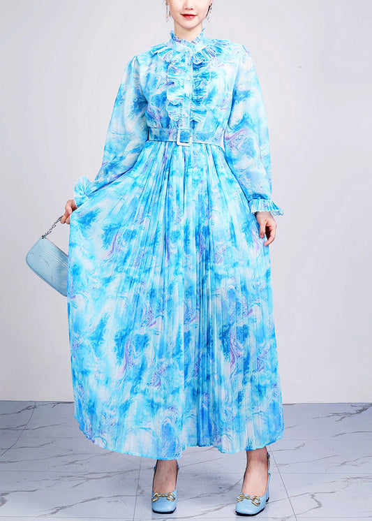 Fitted Blue Ruffled Print Sashes Chiffon Dresses Long Sleeve