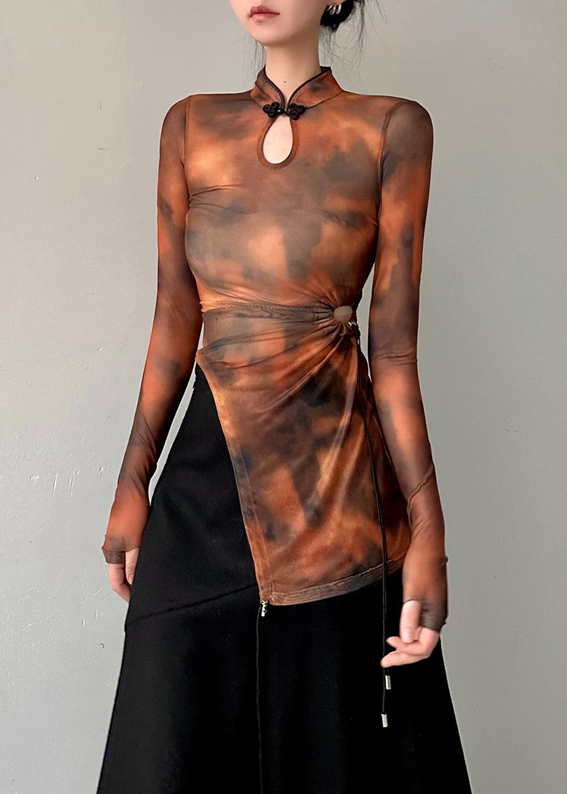 Fitted Brown Stand Collar Asymmetrical Cinched Tulle Top Fall