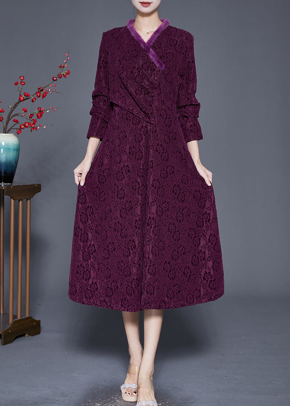 Fitted Dark Purple Jacquard Slim Fit Warm Fleece Long Dress Fall