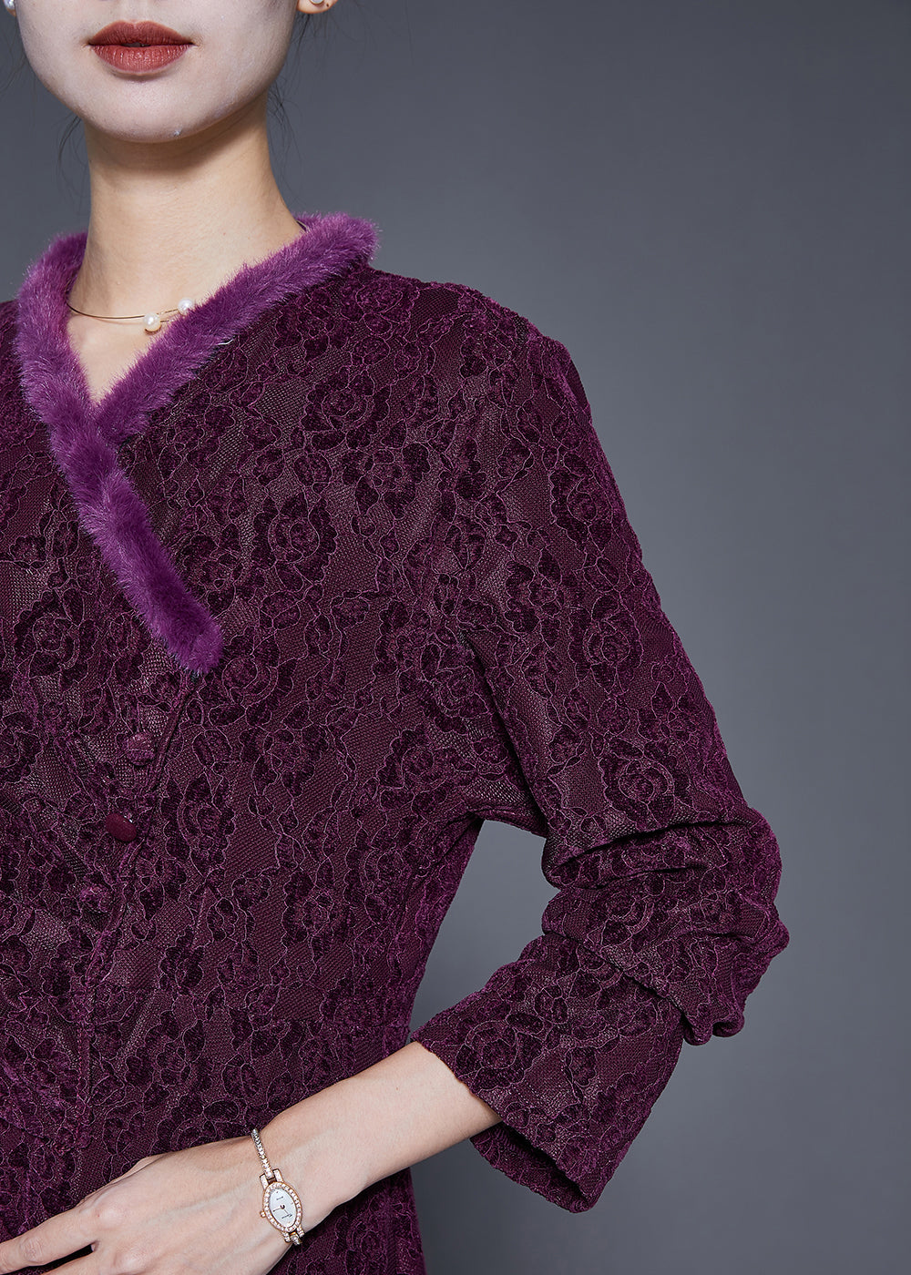 Fitted Dark Purple Jacquard Slim Fit Warm Fleece Long Dress Fall