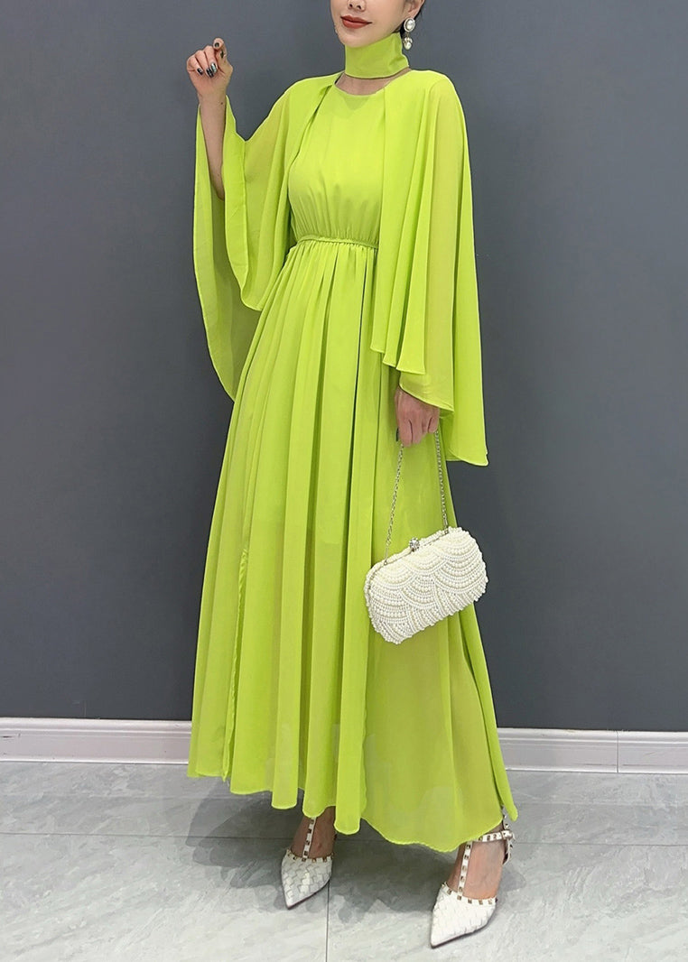 Fitted Green Shawl Collar Patchwork Vacation Maxi Dresses Flare Sleeve