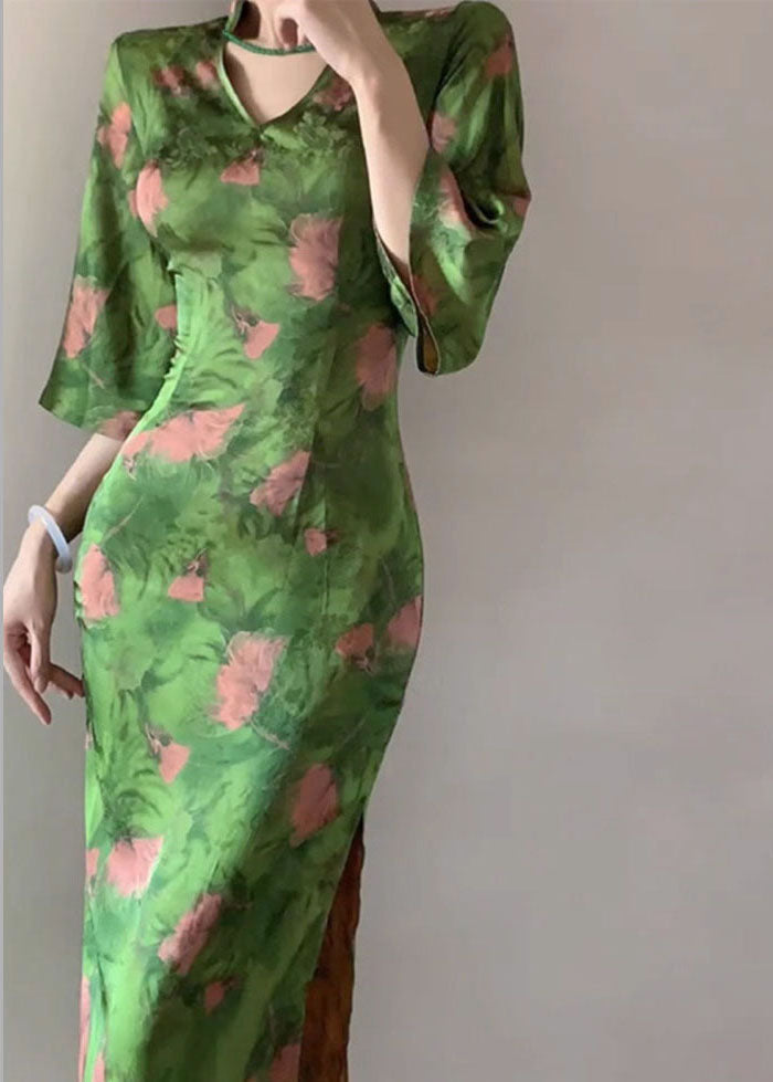 Fitted Green V Neck Print Side Open Silk Maxi Dress Bracelet Sleeve