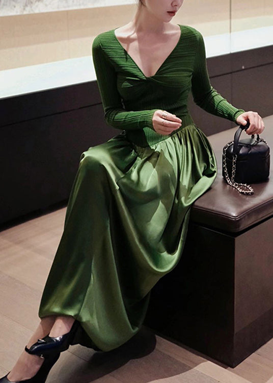 Fitted Green V Neck Wrinkled Knit Patchwork Silk Long Dresses Fall