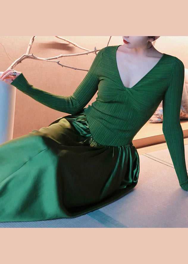 Fitted Green V Neck Wrinkled Knit Patchwork Silk Long Dresses Fall