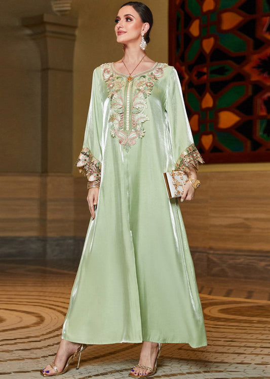 Fitted Light Green O-Neck Embroidered Lace Patchwork Silk Long Dress Fall