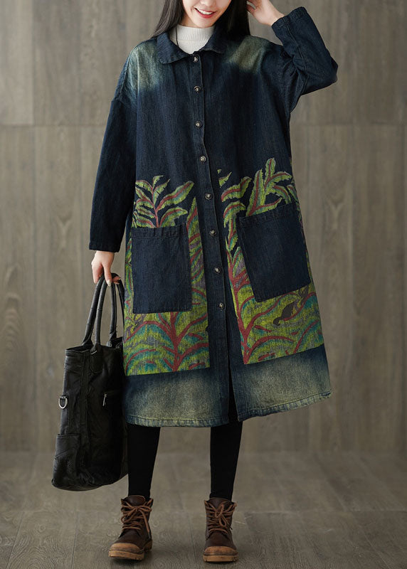 Fitted Navy Peter Pan Collar Pockets Print Denim Trench Spring