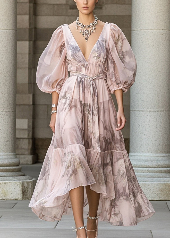 Fitted Pink Cinched Print Chiffon Robe Dresses Puff Sleeve