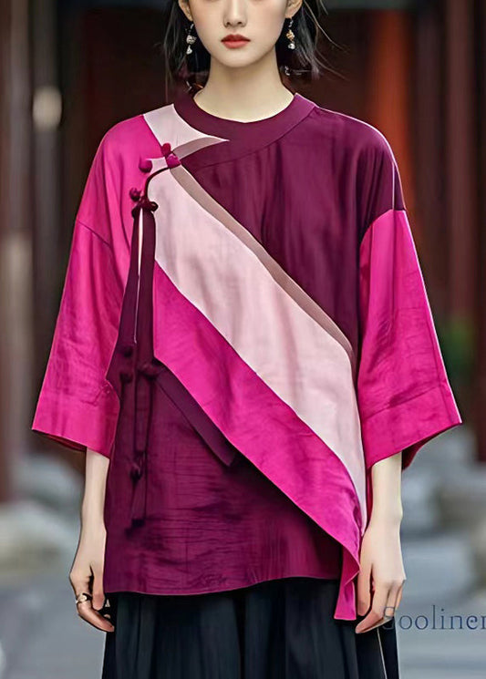 Fitted Purple Asymmetrical Patchwork Linen Shirt Summer