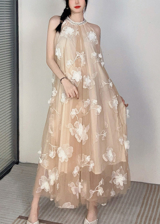 Floral Apricot O-Neck Cold Shoulder Tulle Dress Sleeveless