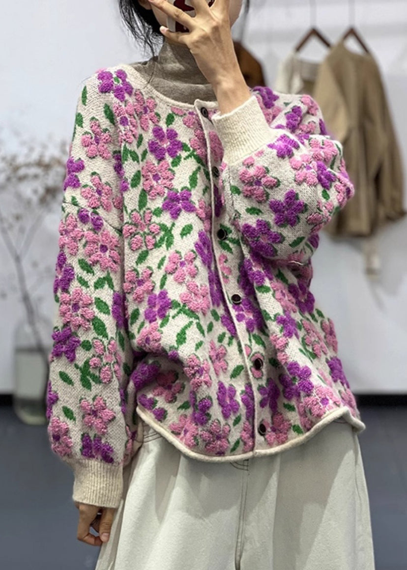 Floral Light Purple O Neck Button Cotton Knit Coat Long Sleeve