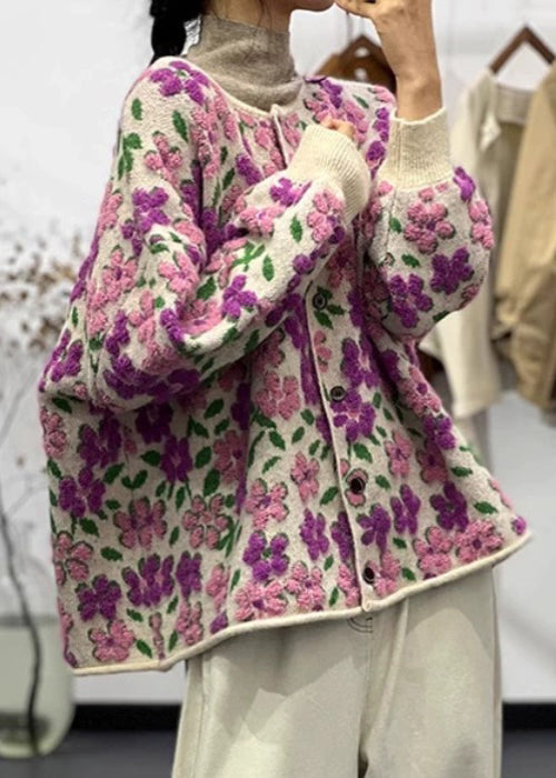 Floral Light Purple O Neck Button Cotton Knit Coat Long Sleeve