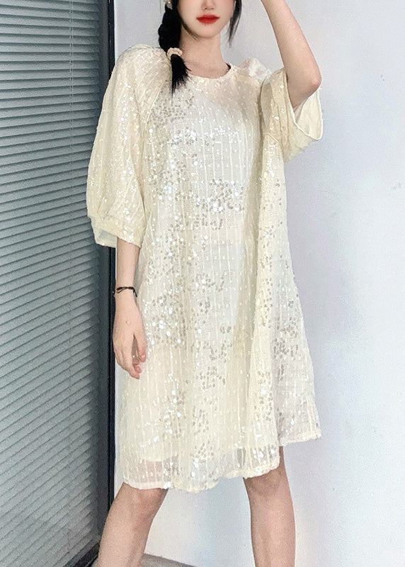 French Apricot O-Neck Sequins Mid Dress Summer