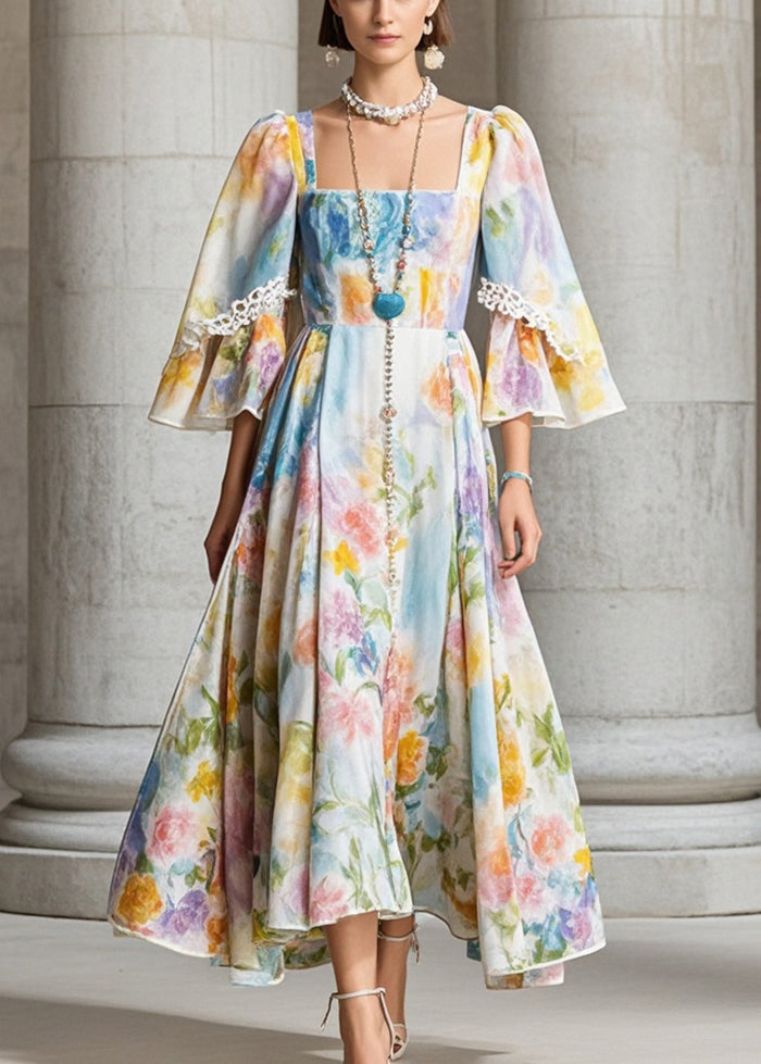 French Apricot Square Collar Print Chiffon Dress Fall