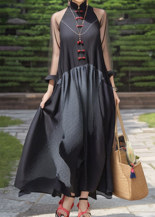 French Black Button Patchwork Silk Maxi Dresses Fall