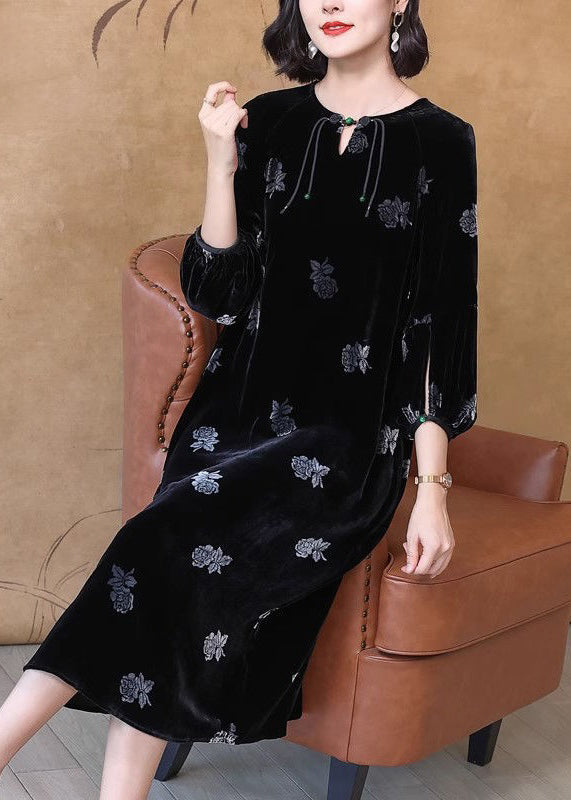 French Black Button Print Silk Velour Long Dresses Spring