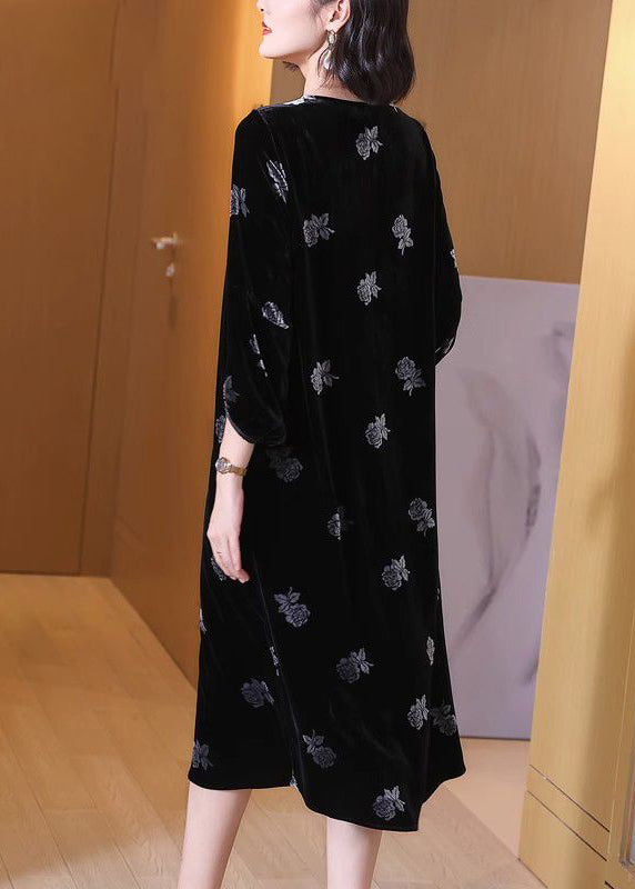 French Black Button Print Silk Velour Long Dresses Spring