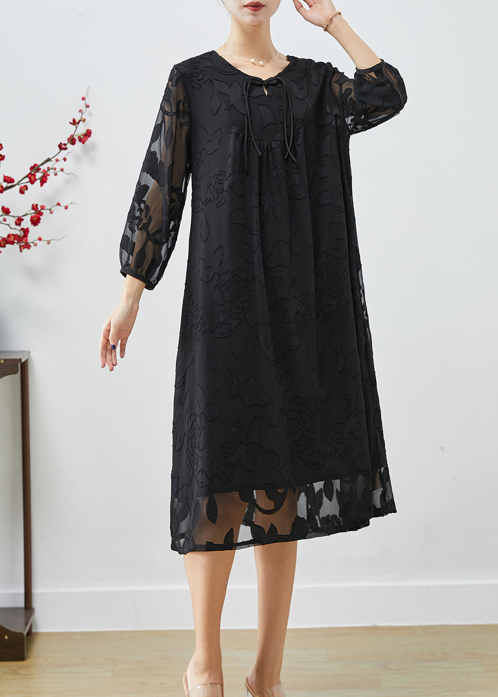 French Black Chinese Button Hollow Out Silk Dresses Fall