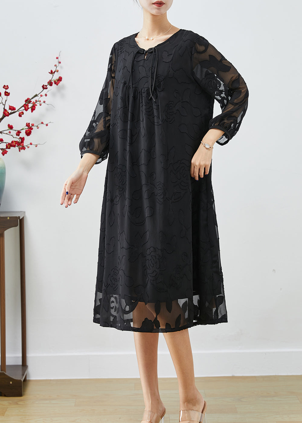 French Black Chinese Button Hollow Out Silk Dresses Fall