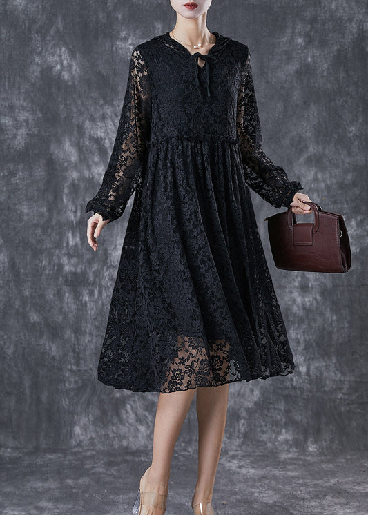 French Black Hooded Hollow Out Lace Maxi Dresses Fall