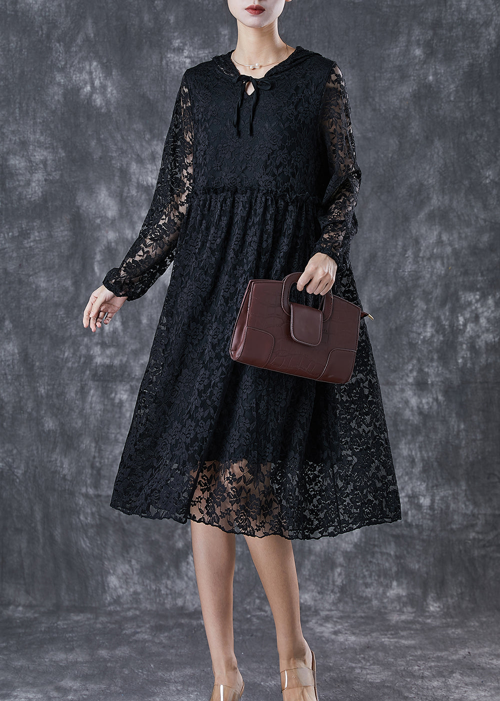 French Black Hooded Hollow Out Lace Maxi Dresses Fall