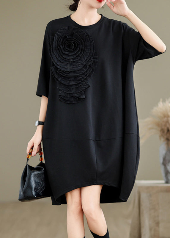 French Black O-Neck Floral Wrinkled Long Dresses Summer