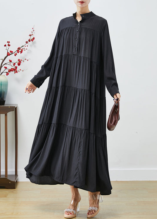 French Black Oversized Patchwork Wrinkled Cotton Dress Fall