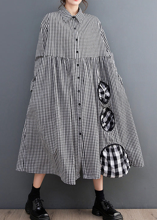 French Black Plaid Button Patchwork Cotton Blouses Dress Fall