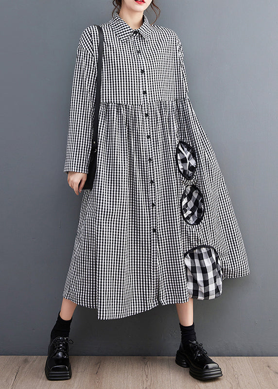 French Black Plaid Button Patchwork Cotton Blouses Dress Fall