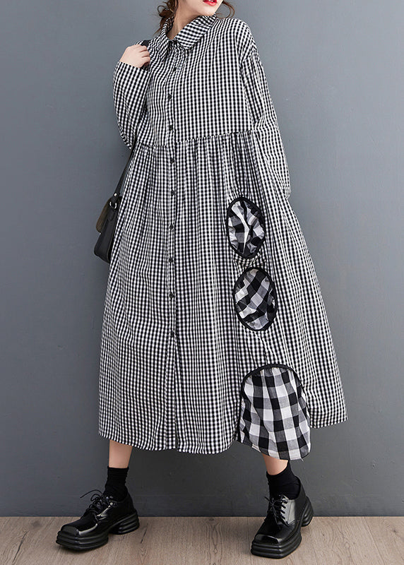 French Black Plaid Button Patchwork Cotton Blouses Dress Fall