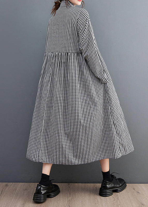 French Black Plaid Button Patchwork Cotton Blouses Dress Fall