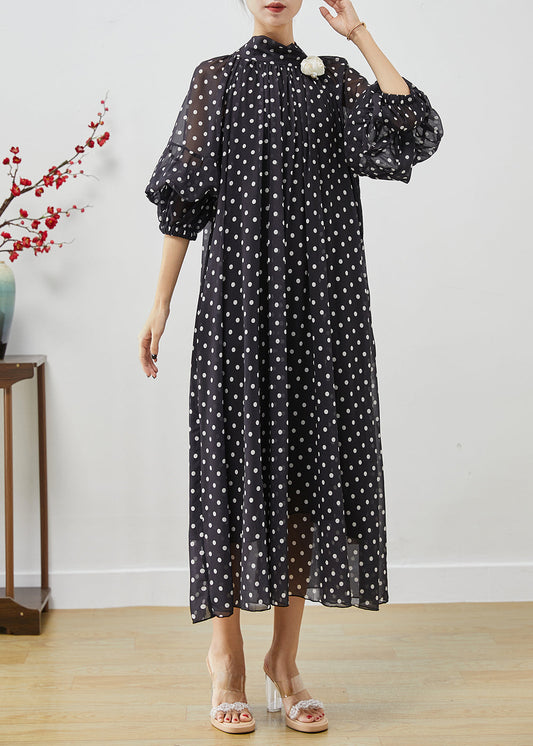 French Black Stand Collar Dot Print Chiffon Long Dress Vestidos Lantern Sleeve