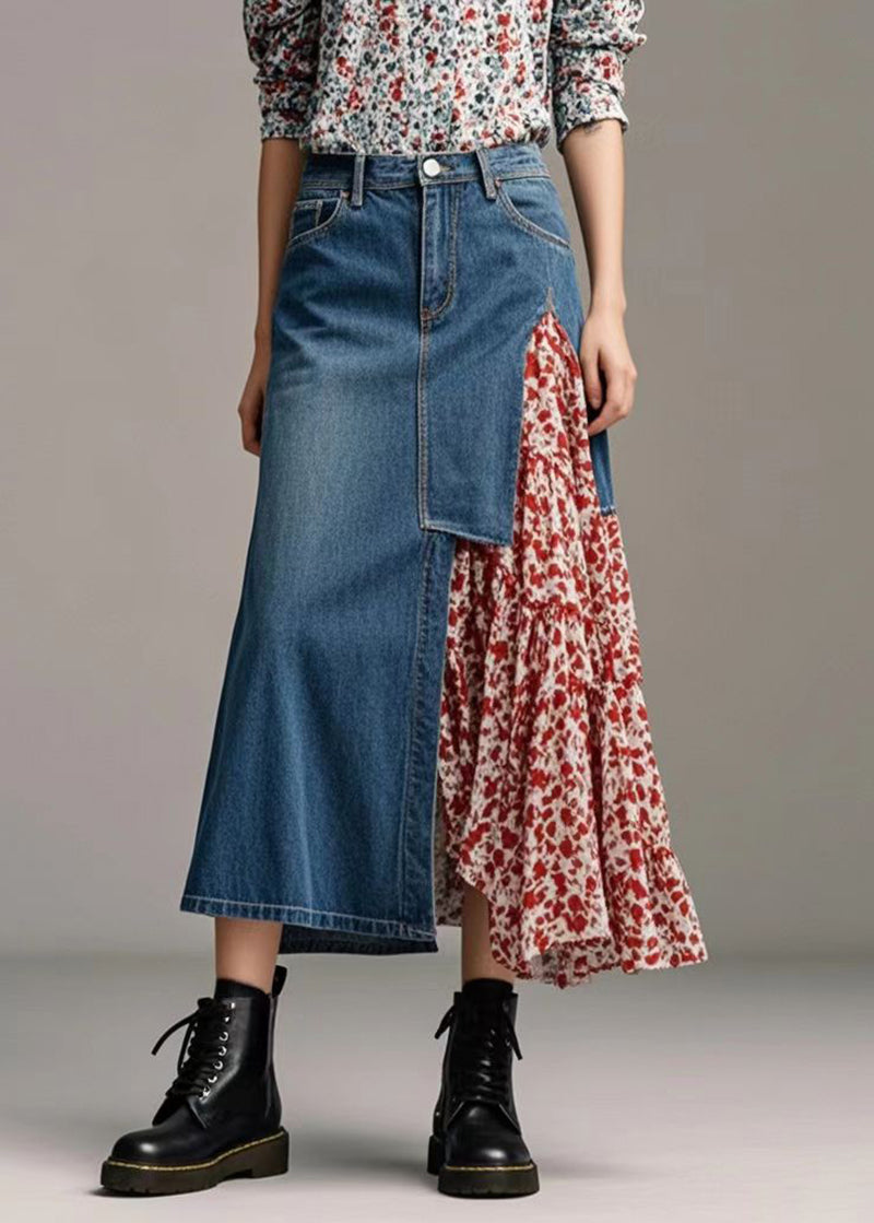 French Blue Asymmetrical Patchwork Denim Skirt Spring