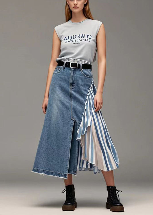 French Blue Asymmetrical Patchwork Striped Denim Skirts Spring