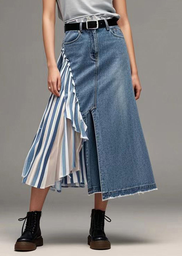 French Blue Asymmetrical Patchwork Striped Denim Skirts Spring